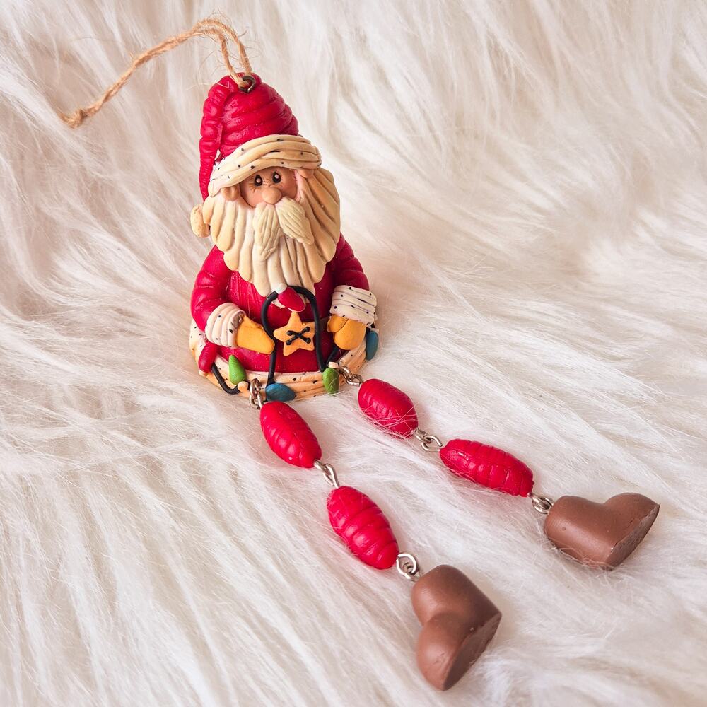 Handmade OOAK Polymer Clay Santa Christmas Ornament Dangling Legs